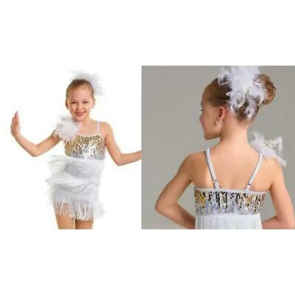 Pre-Owned Dance Costume Curtain Call E2160 Medium Child White Fringe Jazz Sequin